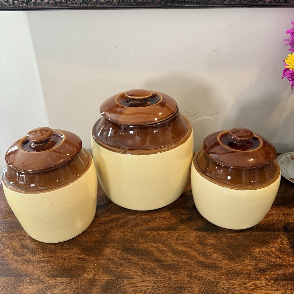 Vintage‎ USA Pottery BP-66 Cream Brown Crocks Set Of 3 Bean Pot Cookie Jar